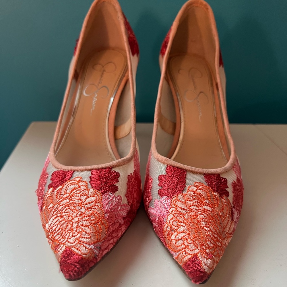 Pink and orange embroidered heels - Picture 5 of 5